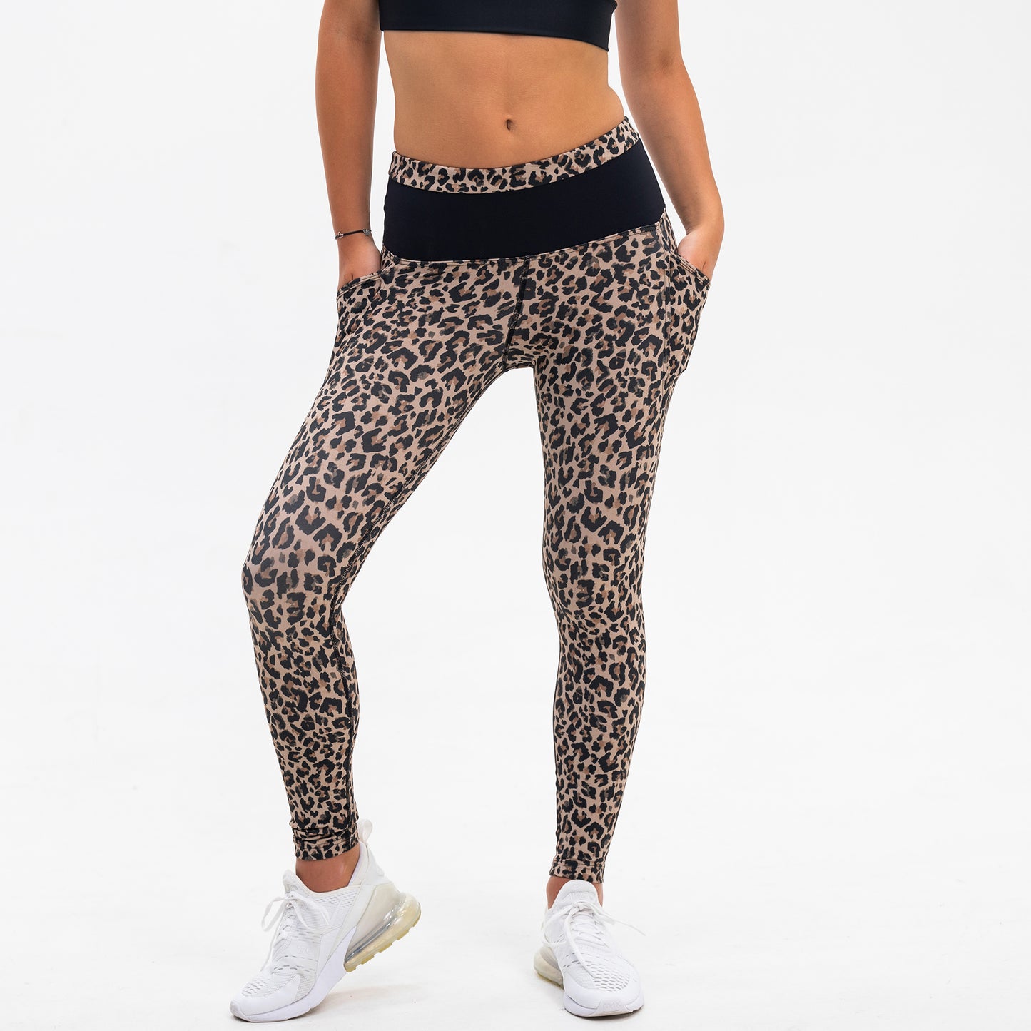 Full Length Womens Compression Leopard Print Leggings with pocket